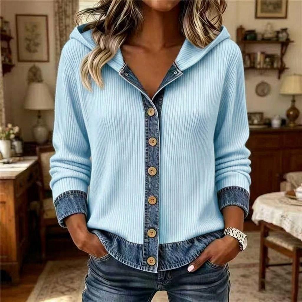 Women's Casual Denim Patchwork Hooded Knit Button Front Jacket