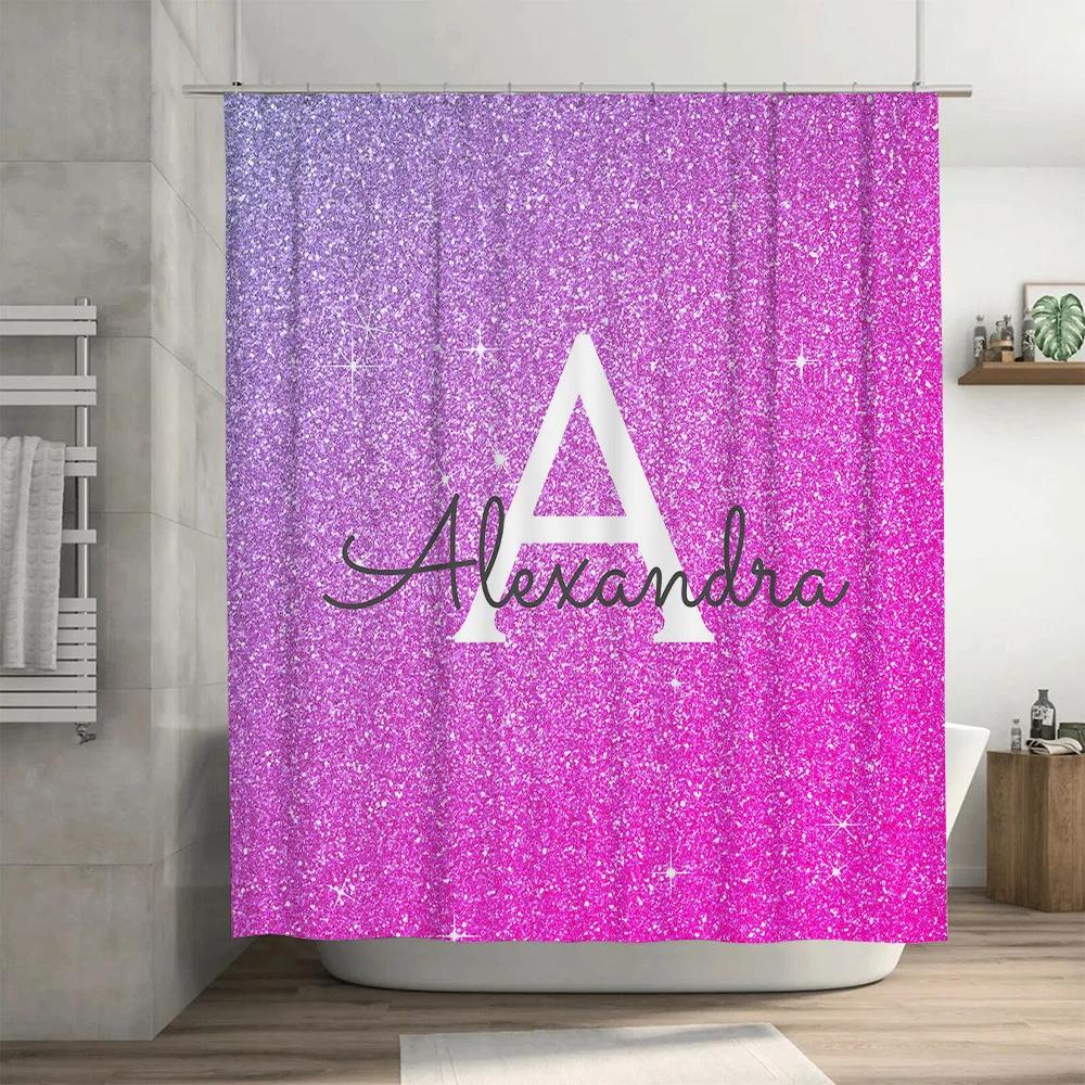 Pink Glitter Shower Curtain With Name Monogram For Girls Bathroom Decor Custom Made Curtains