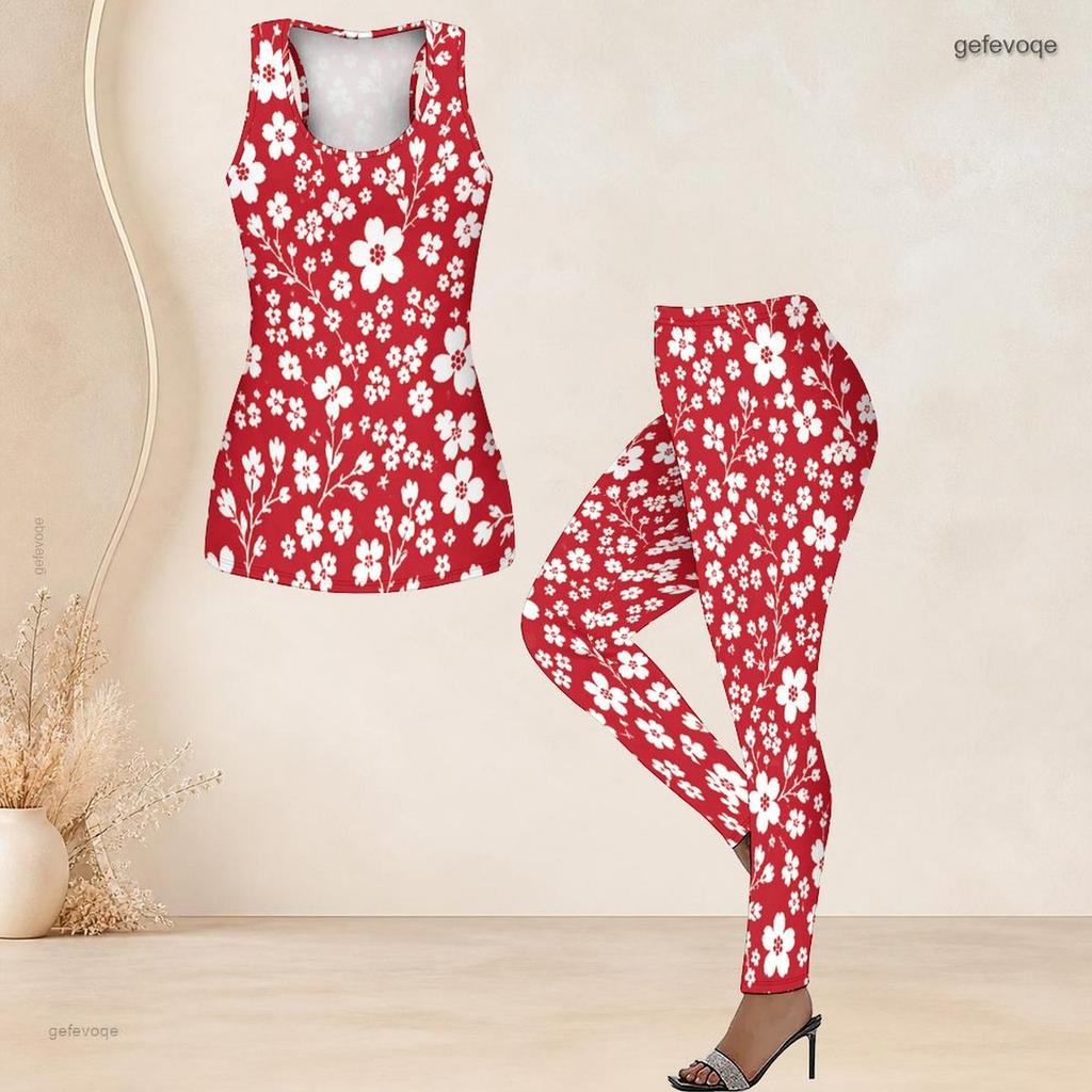 Women Plus Size Floral Printed Two Piece Set Scoop Neck Sleeveless Longline Tank Top Fitted Pants