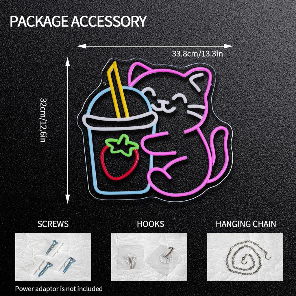 Cat Boba Tea Neon Sign LED Night Light Wall Decor, Room Decoration, USB Powered Neon Lamp for Bar Club Party Shop