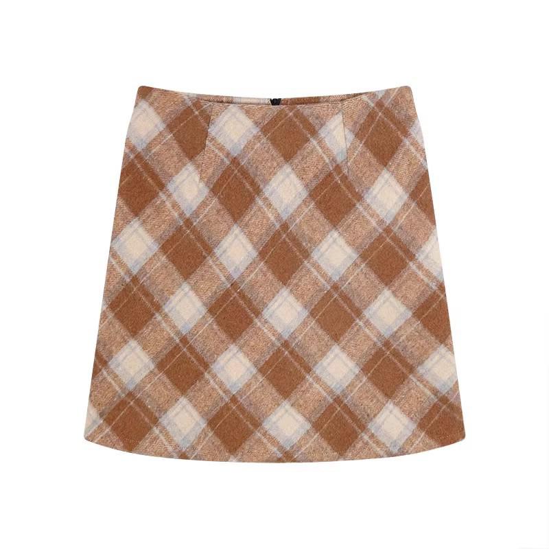 Plaid High-Waist A-Line Wool Skirt for Women – Winter Slimming Style