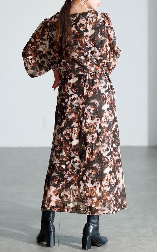 Gold Japan Plus Size Long Flared Floral Voluminous Perfect for Fall and Sizes Women's Dress, Sleeves, Print, Drawstring, V-Neck, Sleeves, Spring,