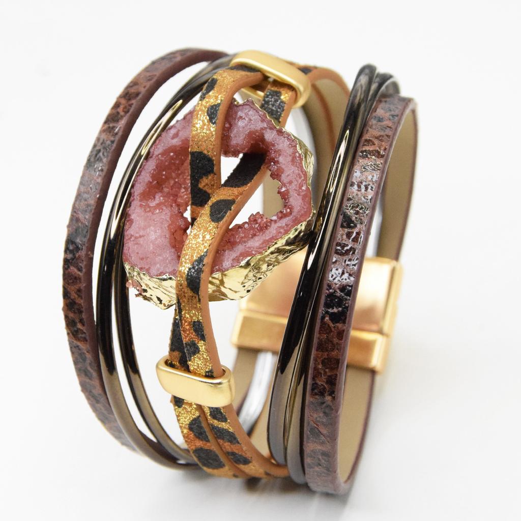 Multi Layer Geometric Hollow Bangle PU Leather Ethnic Style Woman Versatile Bangle Jewelry Accessory