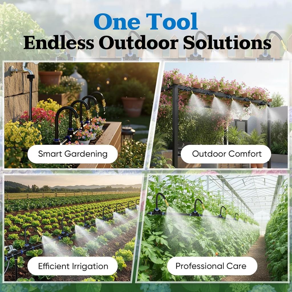 100 Fuß 1/4-Zoll Tropfbewässerungs-Kit mit 16 verstellbaren Kupferdüsen, Automatisches Zerstäubungs-Bewässerungs-Sprinklersystem für Garten, Hochbeete,
