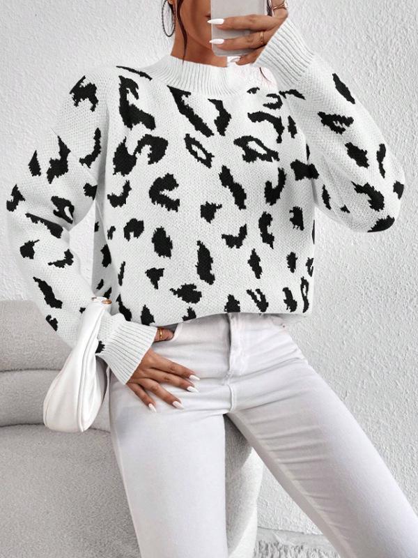 Leopard Print Jacquard Round Neck Women's Knit Sweater - Fashionable Spring & Autumn Pullover