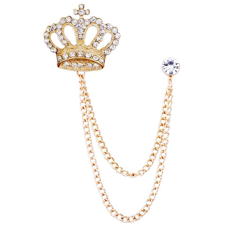 1Pc European and American Noble Crown Brooch Men's Classic Fringed Chain Full of Diamonds Corsage Suit Accessories
