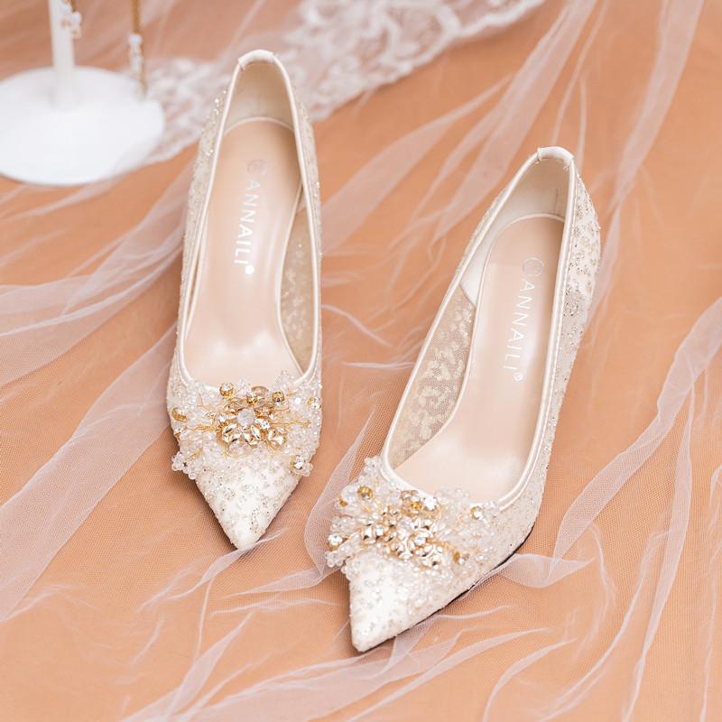 Fashion Champagne Lace Bridesmaid Shoes Rhinestone Pearl Mesh High Heels Wedding Party