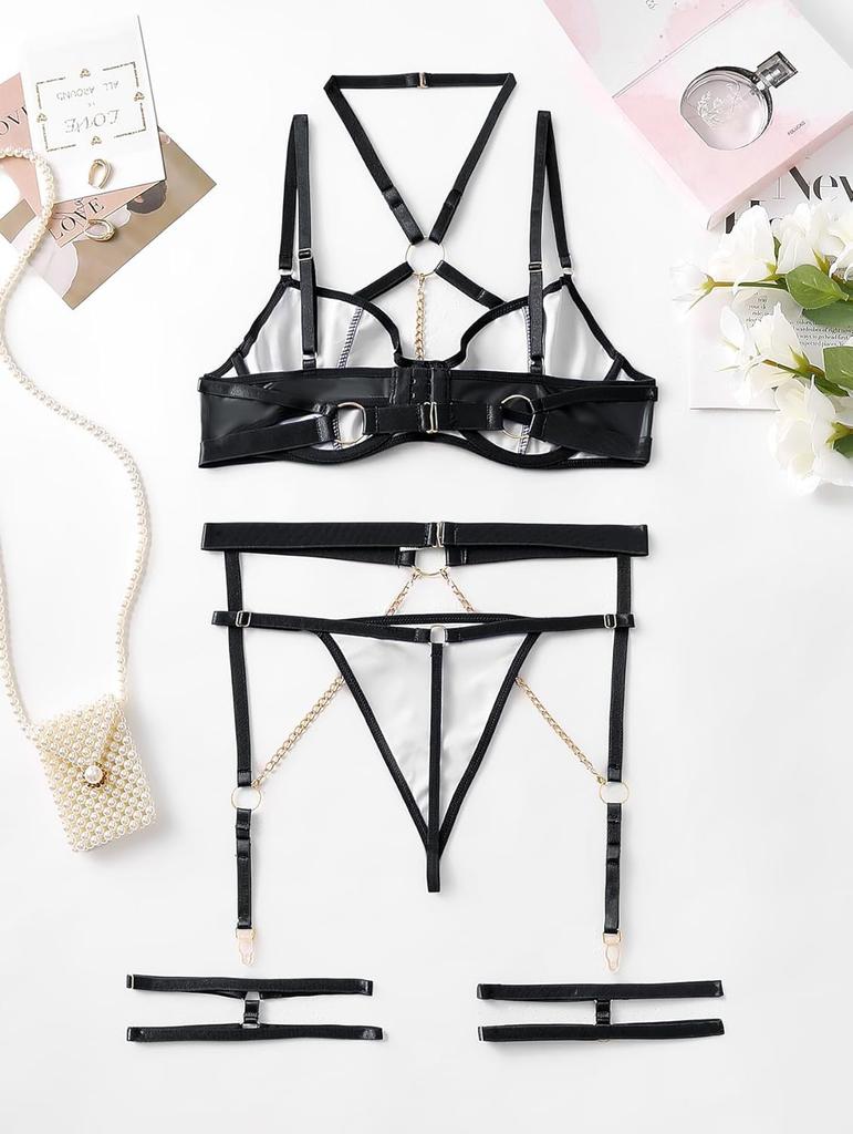 Lilosy Sexy Pu Leather Strappy Underwire Garter Belt Lingerie Set