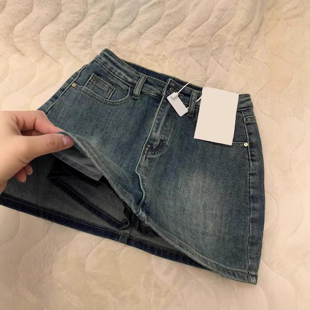 Retro Distressed High Waist Denim Mini Skirt - Plus Size, Anti-Exposure, Versatile Fit for Petite Women