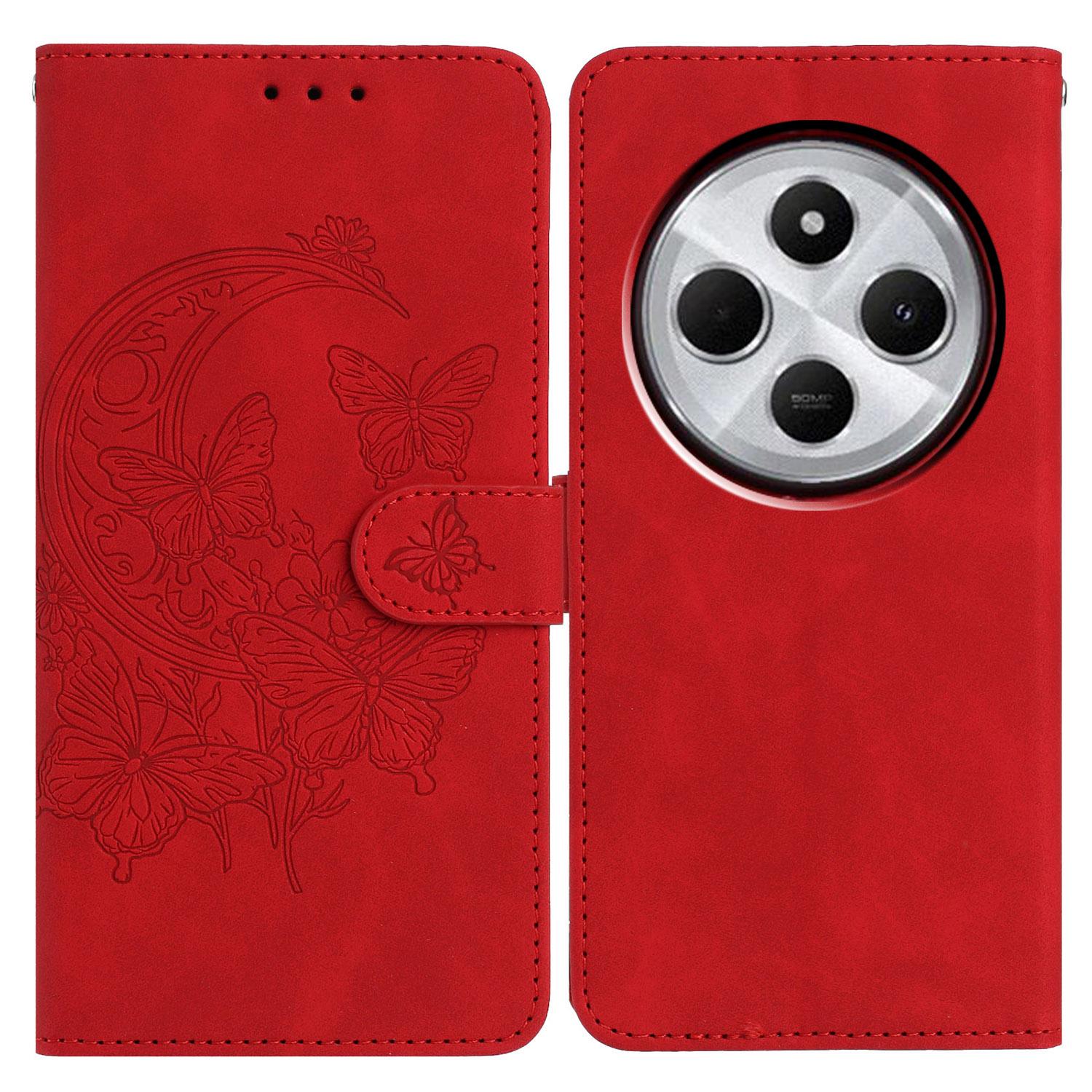 

PU Leather Case For Xiaomi Redmi 14C 4G/Redmi A3 Pro 4G/Poco C75 4G Butterfly Flower Imprinted Wallet Stand Phone Cover Red