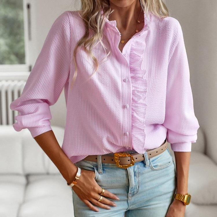 Women's White Long Shirt with Lace Collar Button Down Blouse for Office Ladies Autumn Winter Striped Tops