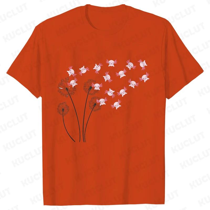 Dandelion Axolotl Flower T-shirt for Women Fashion Casual T-shirts Short Sleeve Axolotl Lover Women Tee Shirt Kawaii Clothing Shirts