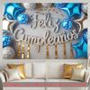 2D Feliz Cumpleaños Banner, Blue Silver Star Balloon Background for Birthday Celebration