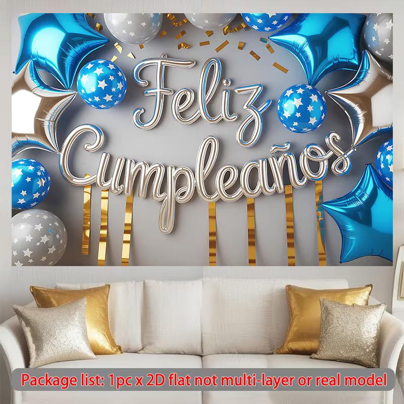 2D Feliz Cumpleaños Banner, Blue Silver Star Balloon Background for Birthday Celebration