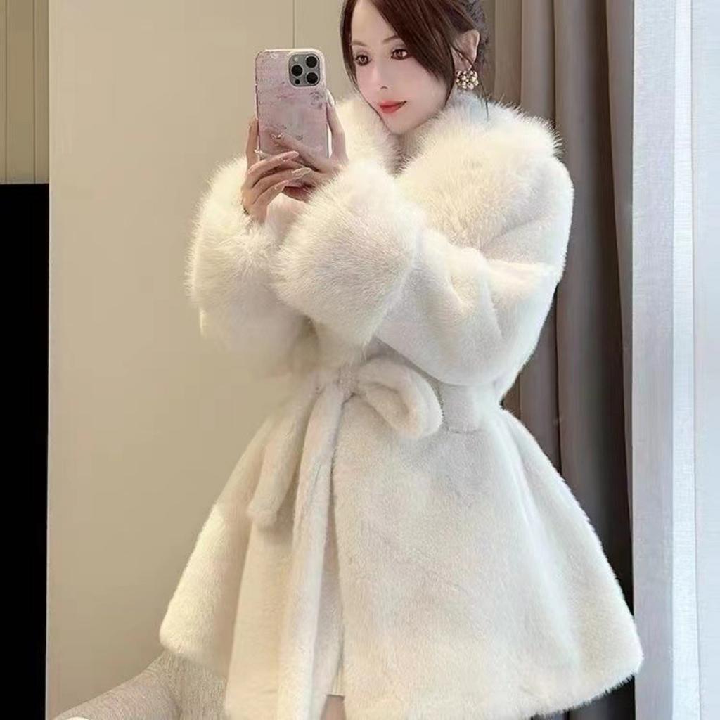 Winter Warm Grobstrick Plüsch Übermantel Damen Großer Umlegekragen Kunstfuchs Pelz Cardigan Damen Dicke Jacke Mantel Mit Gürtel