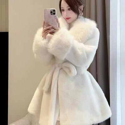 2024 Winter Warm Open Stitch Plush Overcoat Women Big Turn-down Neck Faux Fox Fur Cardigan Ladies Thick Jacket Coat With Belt