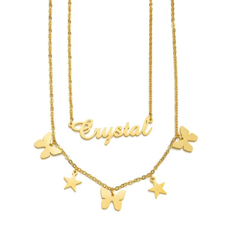Atoztide Custom Name Necklace Star Butterfly Choker Stainless Steel Summer Letter Double Layers Pendant Jewelry for Women Gift