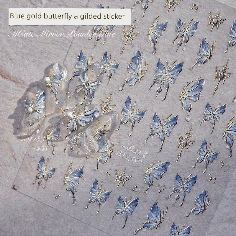 

Мультяшная наклейка на ногти в виде кошачьей лапки, детская милая наклейка на ногти с котенком, кроликом, пандой, граффити, объемная рельефная наклейка на ногти, цветочные украшения [Blue Gold Butterfly] Bronzing Sticker