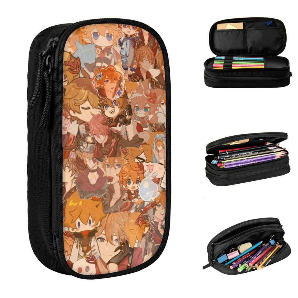 Large Pencil Case Tartaglia Childe Genshin Impact Office Supplies Double Layer Pen Case Women Make Up Bag Suprise Gift