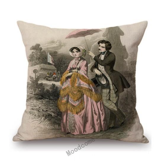Antique Fashion Book Ettiquette Lady Dress European Costume Elegant Wear Cotton Linen Sofa Throw Pillow Case Chair Cushion Cover