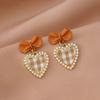 Cute Korean Hanging Love Grid Pearl Heart Earrings for Women Girls Fashion 2024 Bowknot Earrings Trend Party Jewelry