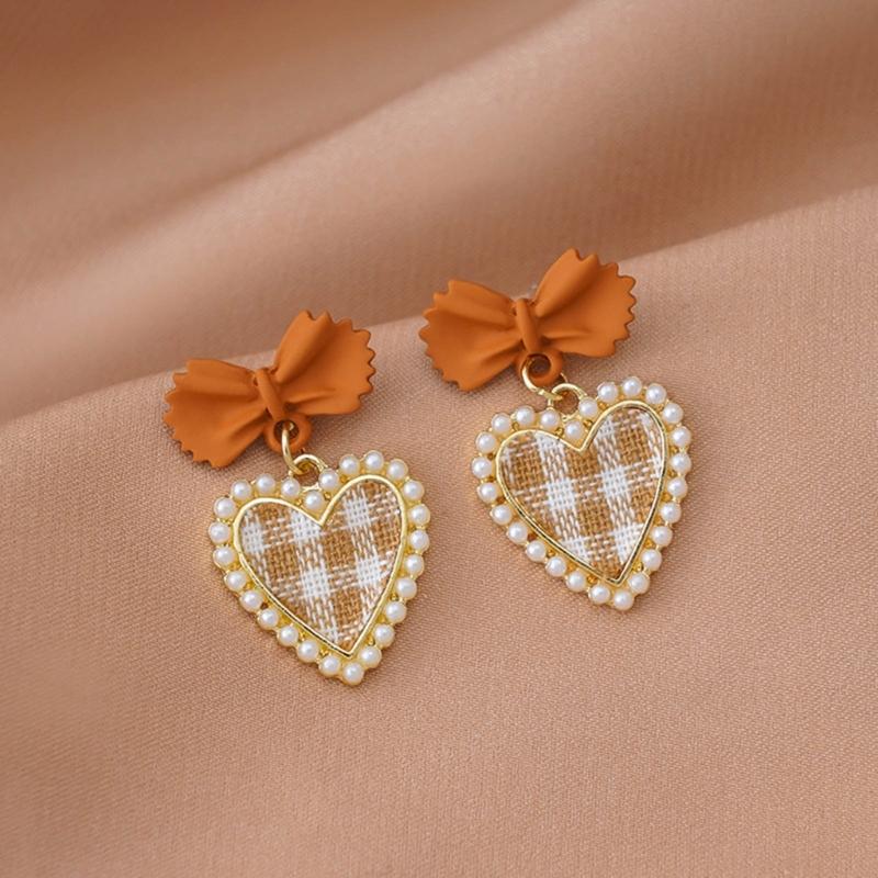 Cute Korean Hanging Love Grid Pearl Heart Earrings for Women Girls Fashion 2024 Bowknot Earrings Trend Party Jewelry