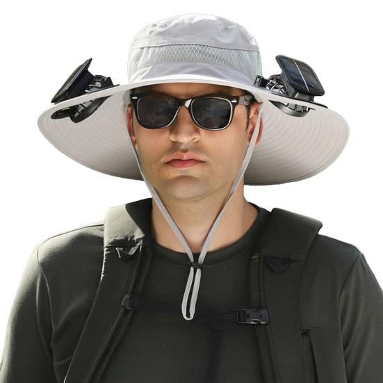 Fisherman Hat with Dual Brushless Cooling Forehead Neck Solar Fans UPF50 Anti-UV Fabric Wide Brim Adjustable