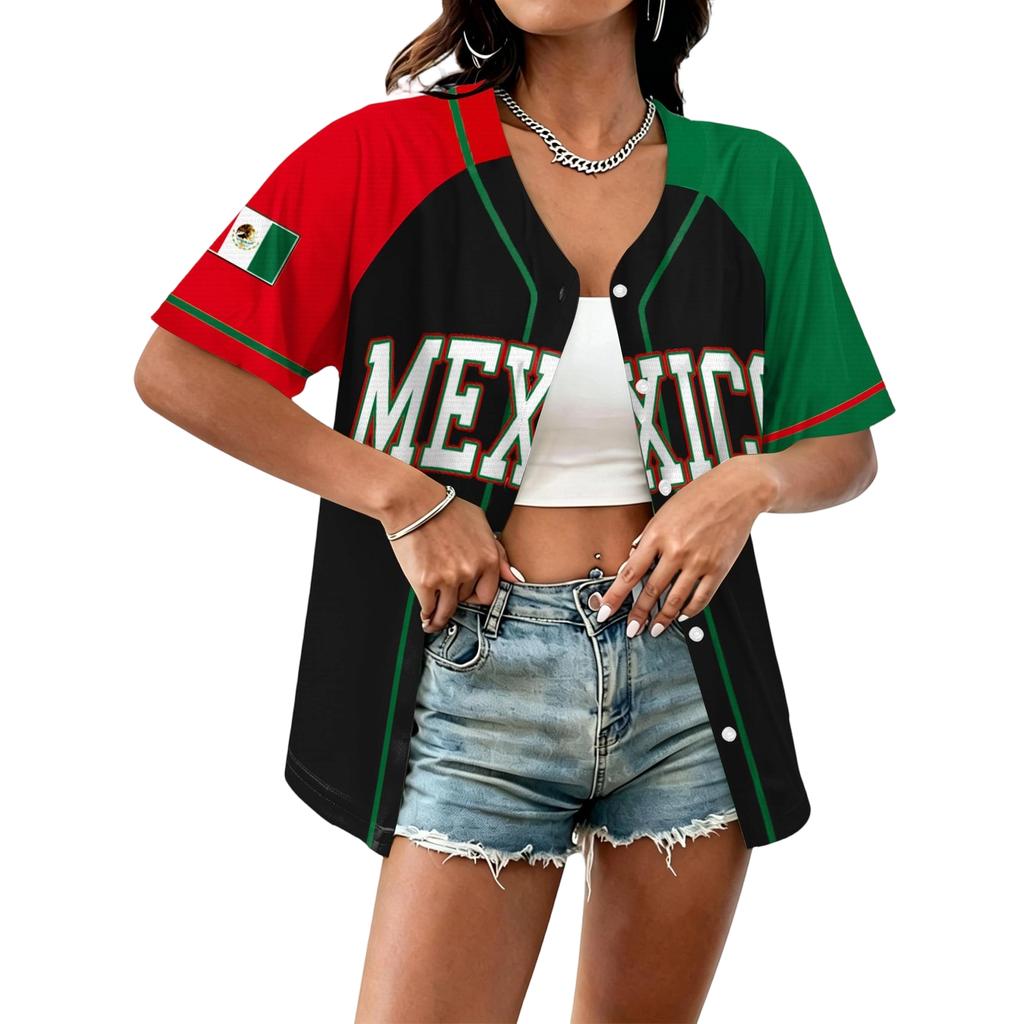 Women's Mexico Soccer Jersey Baseball Shirt Button Down Short Sleeve Lightweight Casual Top for Outdoor Sports and Daily Wear