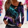 Women Plus Size Asymmetric Cutout Neck Cold Shoulder Long Sleeve Galaxy Printed Fitted Top