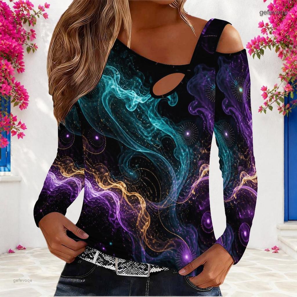 Women Plus Size Asymmetric Cutout Neck Cold Shoulder Long Sleeve Galaxy Printed Fitted Top