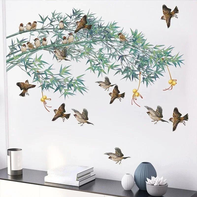 Pretty Hinese Ink Painting Bamboo Birds Wall Sticker 2025 Creative Sofa Background Ornament Vinyl Wall Decals Home Decoratioin