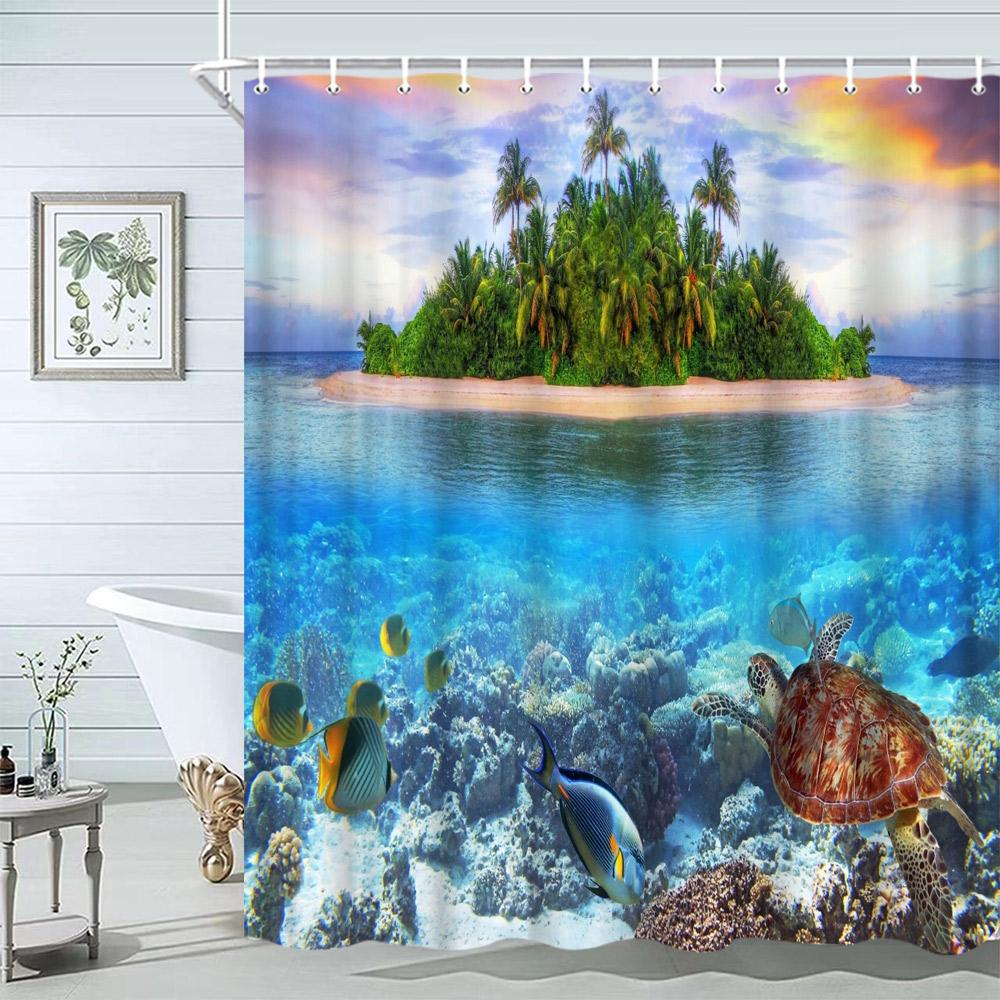 Starfish Beach Bath Shower Curtain Shells Rustic Wooden Planks Palm Trees Natural Landscape Printed Bath Curtains Bathroom Decor