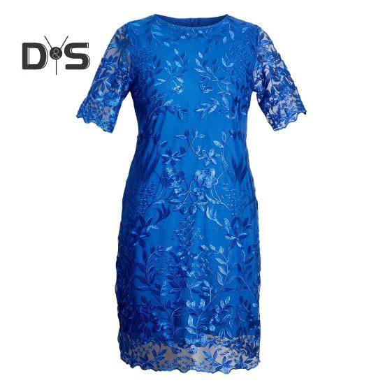 Women Dress Flower Embroidery Double Layers Short Sleeve Round Neck Mid Calf Length Lace Plus Size Elegant Lady Midi Prom Party Dress