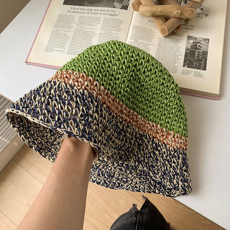 Color Matching Hat Women's Summer Breathable Sunshade Straw Woven Sunscreen Hat Travel Bucket Hat