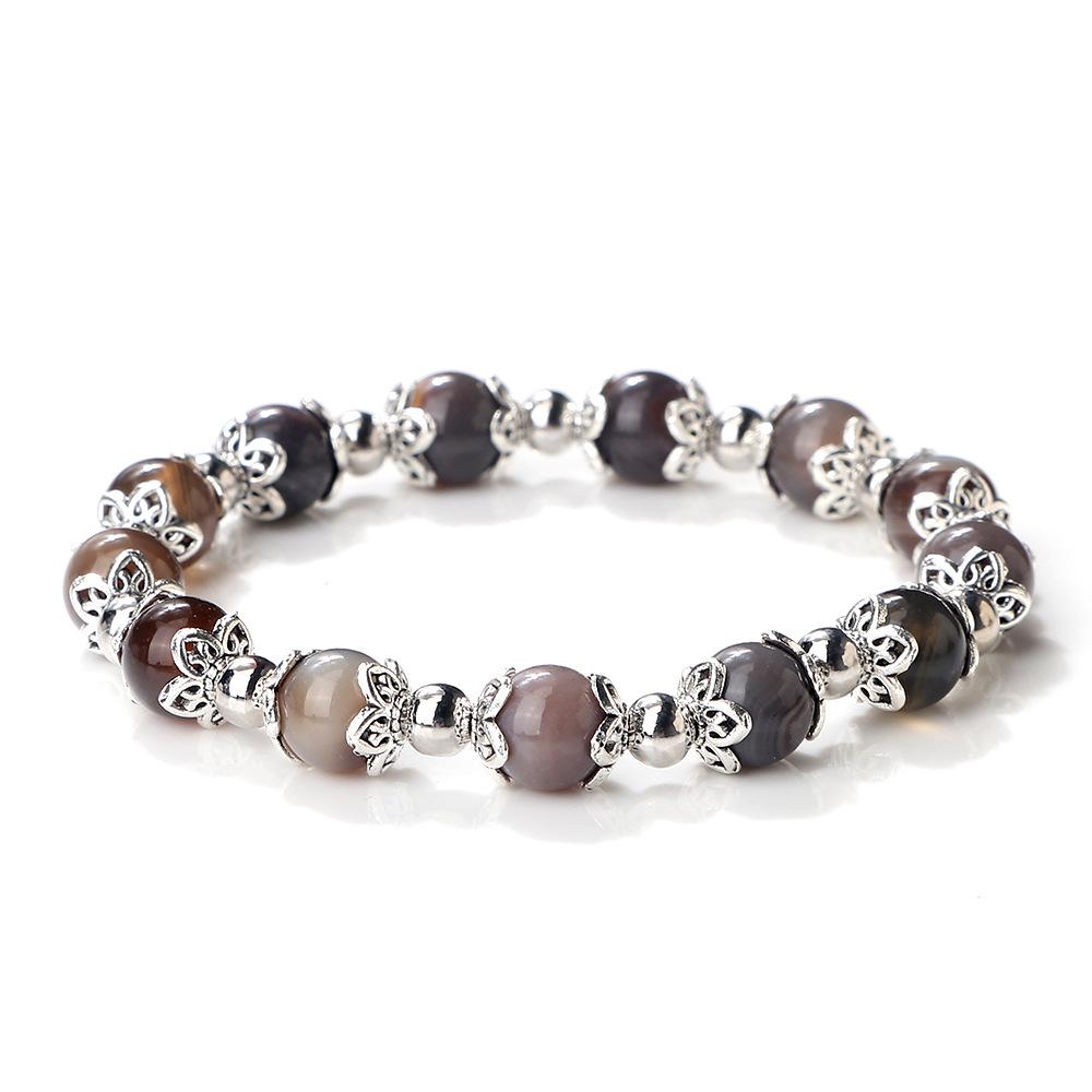 Creative Copper Bead Flower Bracelet with Striped Agate Stone Beads серый