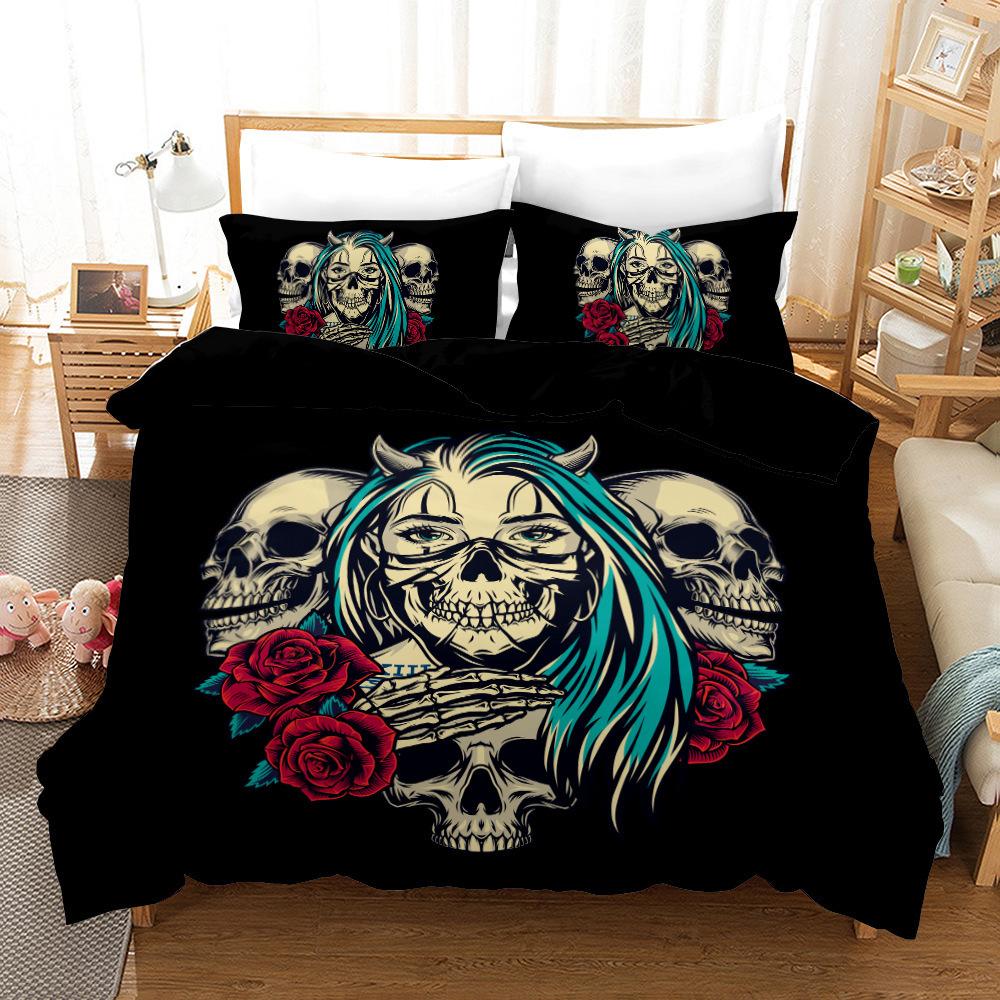 Skull Love 3D Digital Printing Three-Piece Set, Quilt Cover Pillowcase Two-Piece Set