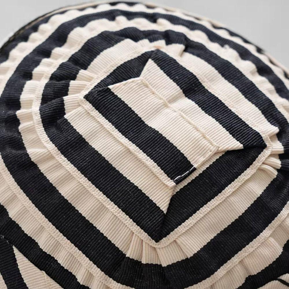 Ribbon Women Striped Fisherman Hat Wide Brim Bucket Hat Portable Sunscreen Visor Cap Beach