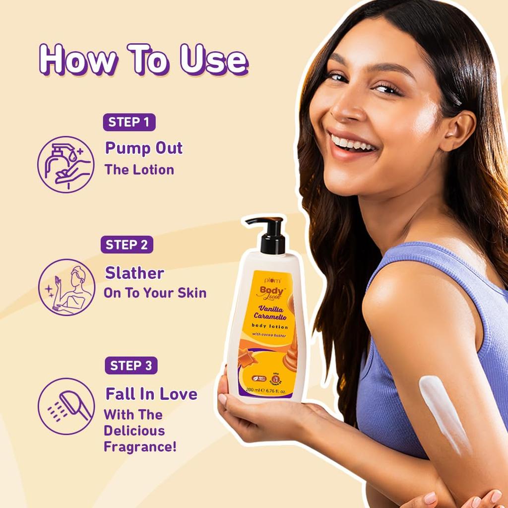 Plum BodyLovin' Vanilla Caramello Body Lotion 200ml Pack of 1 | Deep Moisturizing Non-Greasy Glow for Dry Skin