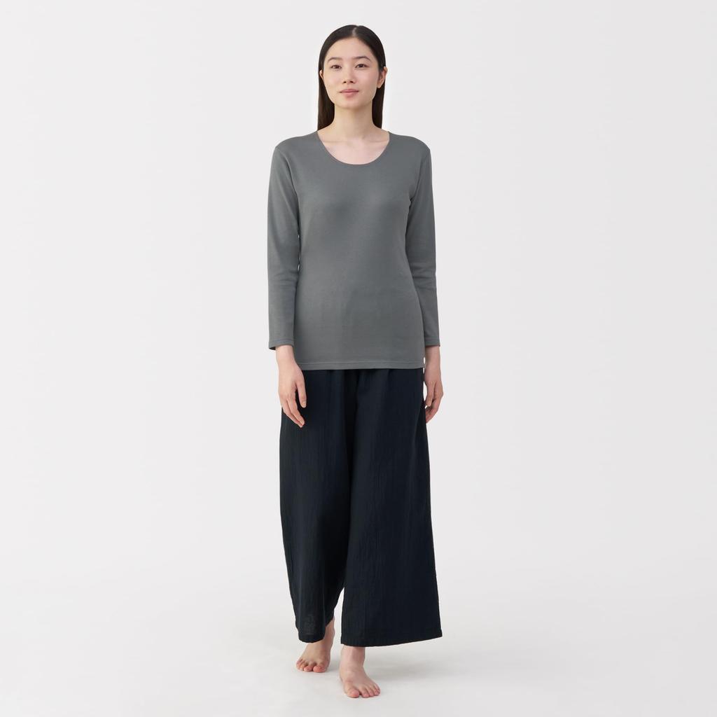 MUJI Warm Cotton Thick Sleeve FCD16A5A Medium Gray M Women's U-Neck 3/4 T-Shirt Women's