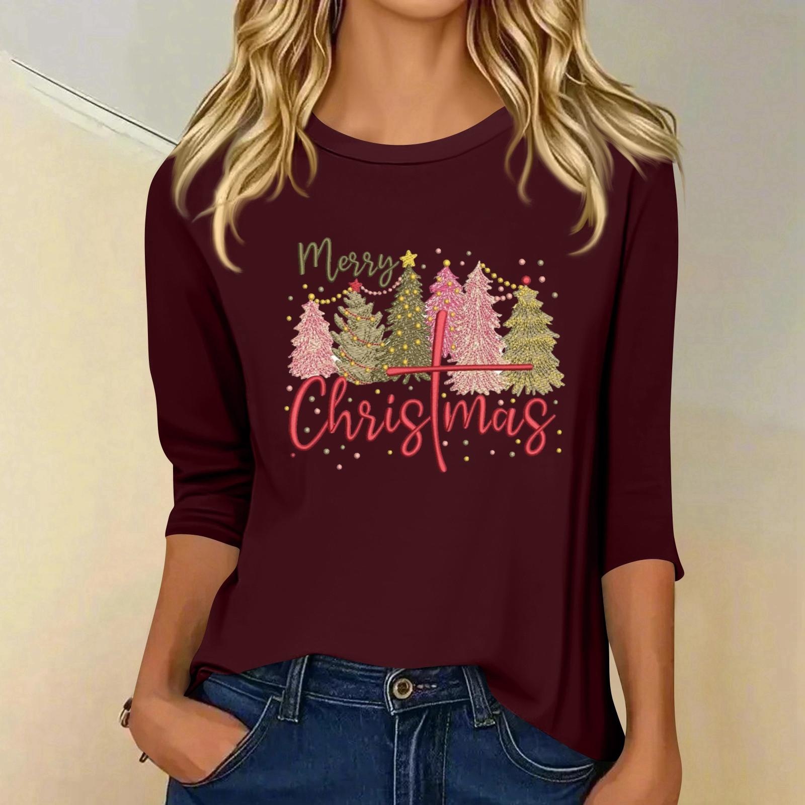 

Женский модный повседневный топ с рукавом три четверти и рождественским принтом, с круглым вырезом XL винный
