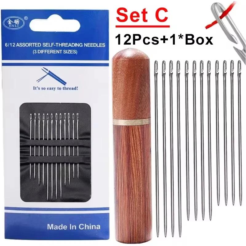 12pcs Blind Needles Elderly Easy Use Sewing Needle Household Threading Sewing DIY Side Big Hole Self Threading Bodkin Needle