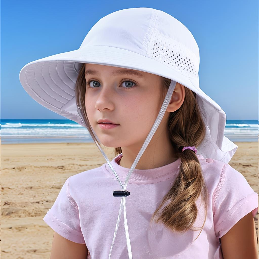 Children's Outdoor Wide-Brim Neck-Protection Hat, Breathable Mesh Sun Hat with Windproof Cord, Beach Play Hat