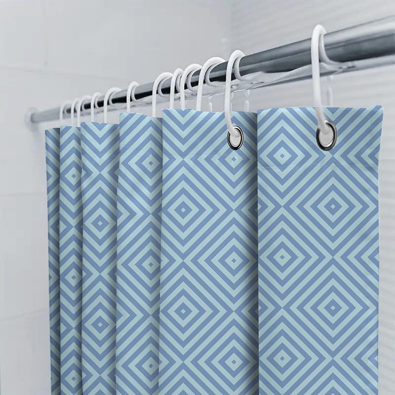 Blue White Geometric Shower Curtain For Bathroom Decoration Waterproof Polyester Fabric With Hook Rings (Size: 69X70 Inches)