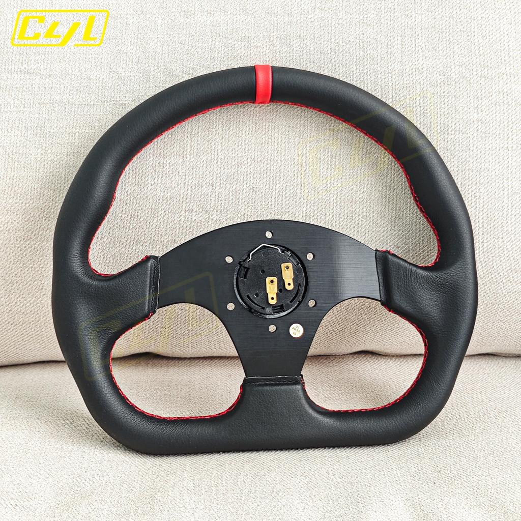 JDM D Shape Red Stitching Leather Steering Wheel Flat Dish Racing Sports Gaming Steering Wheel