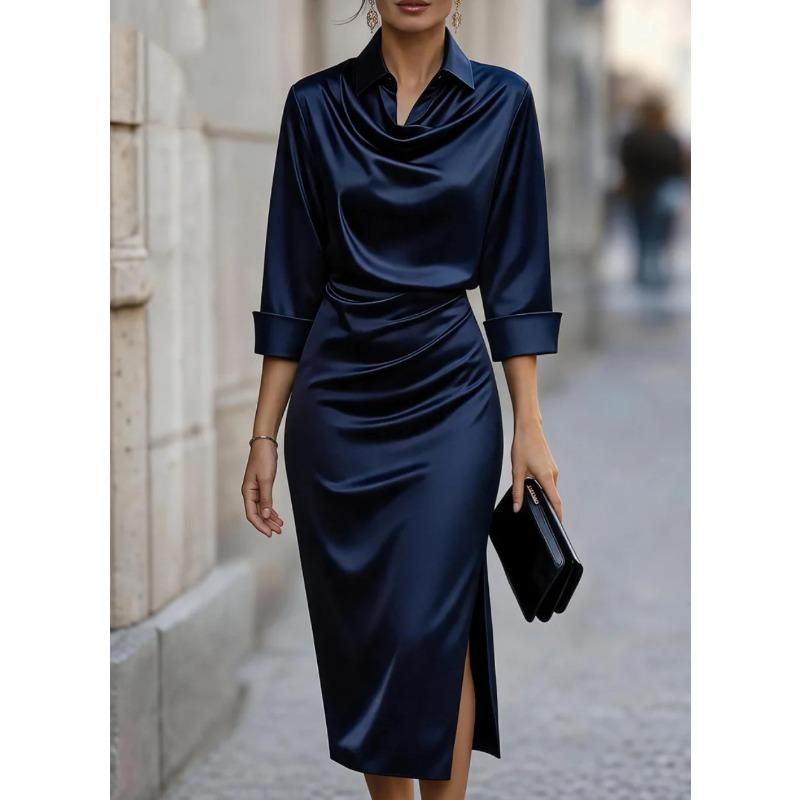 DICFY Women's Fashion Autumn Winter Solid Color Print POLO Neck Long Sleeve Casual Dresses
