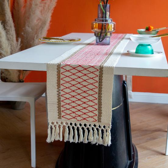 Boho Style Table Runner Patchwork Color Long Farmhouse Rustic Table Runner with Tassel Party Home Decor