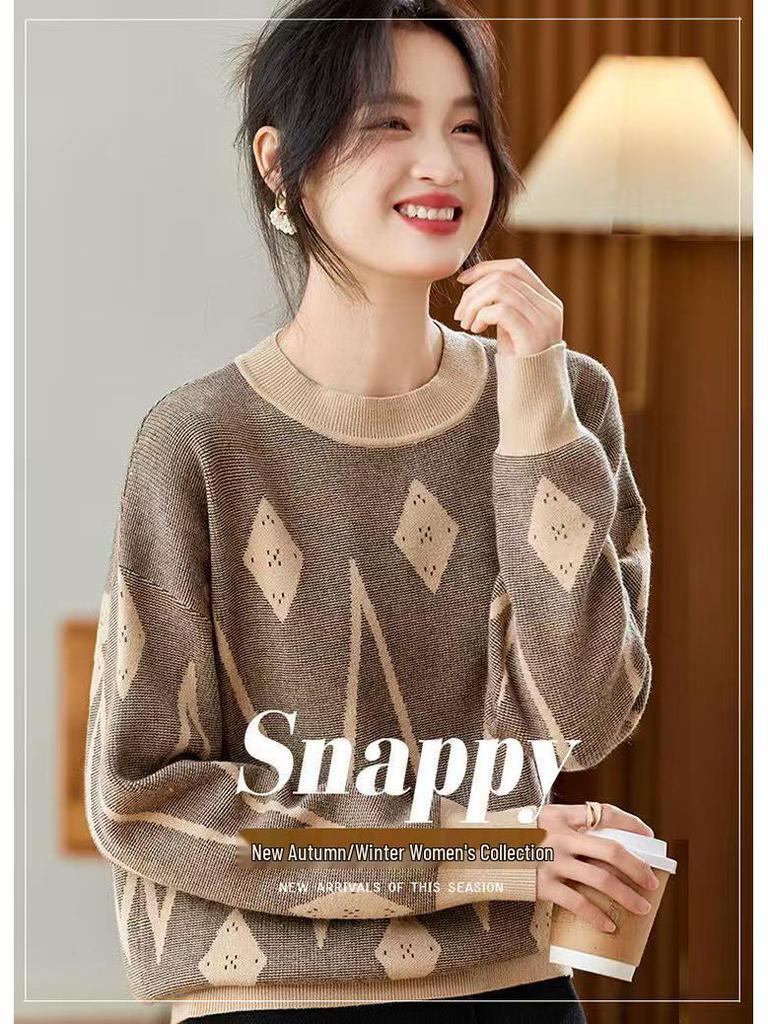 Retro Jacquard Versatile Wool Sweater - 2025 Autumn/Winter Collection: Long Sleeve, Round Neck, Warm, Comfortable, Casual Base Layer