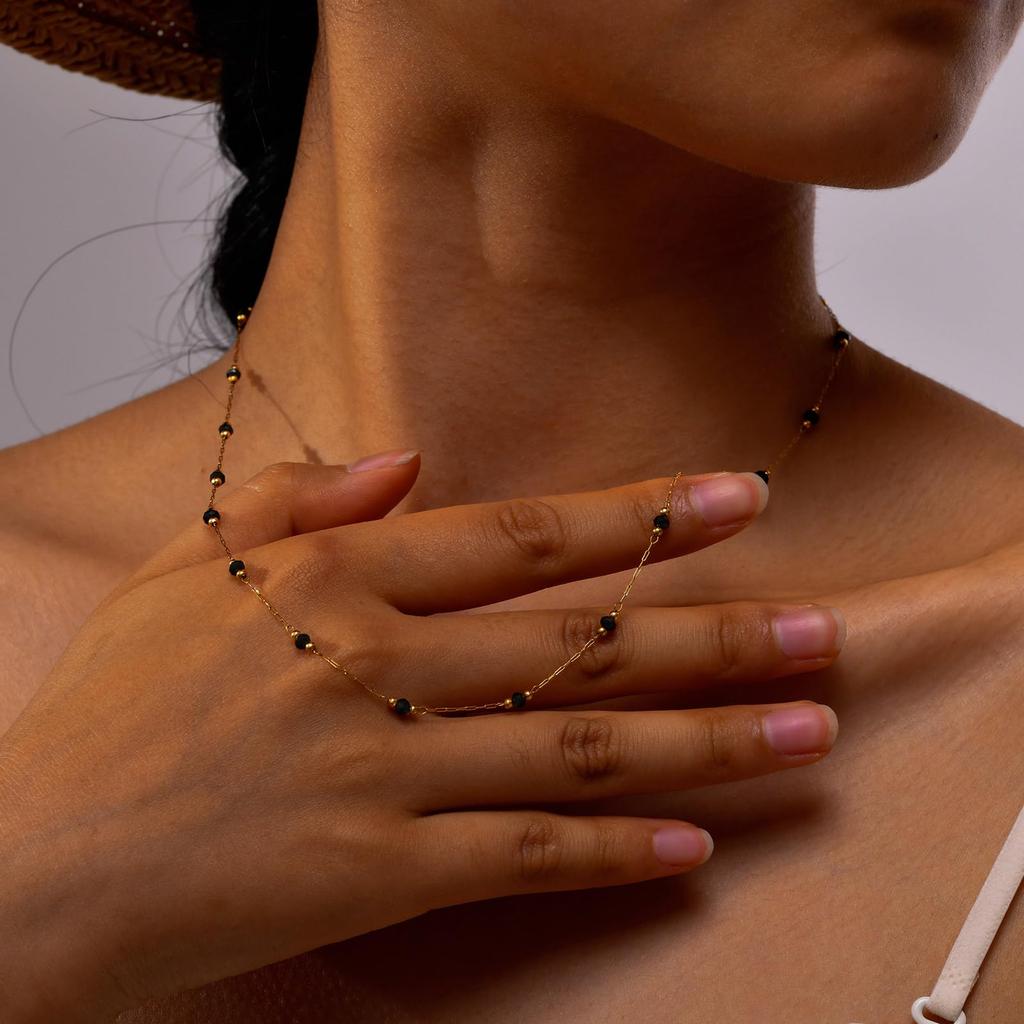 Necklace for Stainless 18K Gold Crystal [Rockyu] Women, Steel, Plated, Green, Black, Beads, Chain, 45-50cm (black)