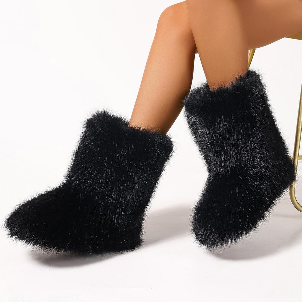 Women's Furry Faux Fur Boots Fuzzy Fluffy Mid Calf Snow Boots Winter Suede Warm Fur Lined Booties Flat Boots for Women Casual Ankle Booties Shoes