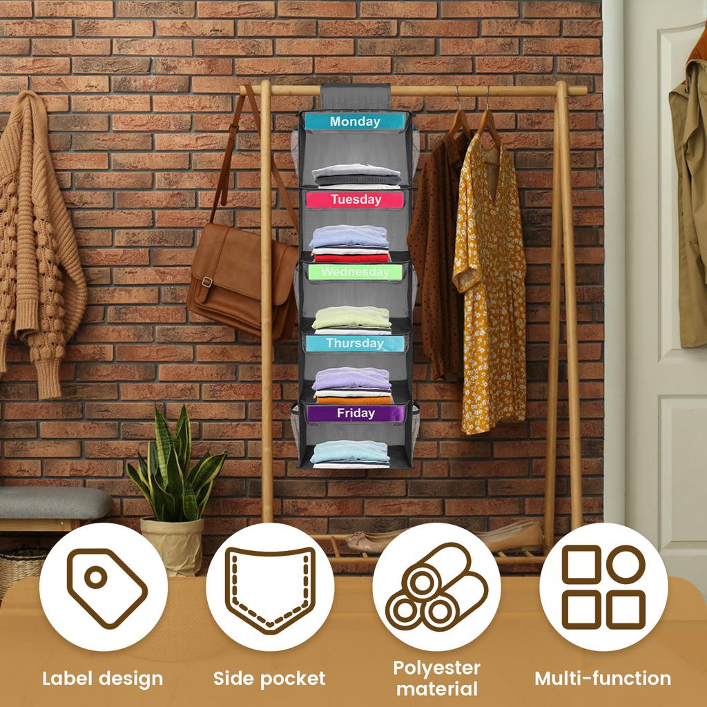 5-Shelf Weekly Clothes Organizer Kids Daily Shelf Hanging Closet Organizer Days of The Week Hanging Storage Shelves for Kids